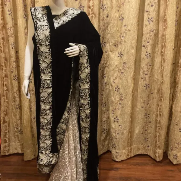 Heavy Velvet- Tulle Embroidered Saree with Velvet doshala